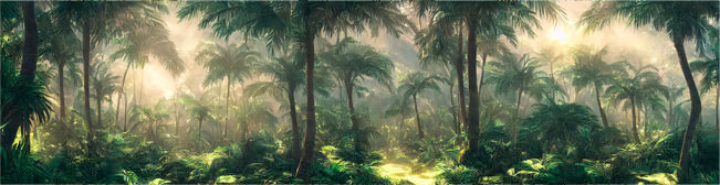 Fotomural o papel pintado ilustración selva tropical palmeras iluminadas